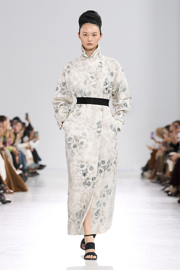 Max Mara Spring/Summer 2026 Fashion Show - Long Jacket Look with floral pattern and black waist belt.